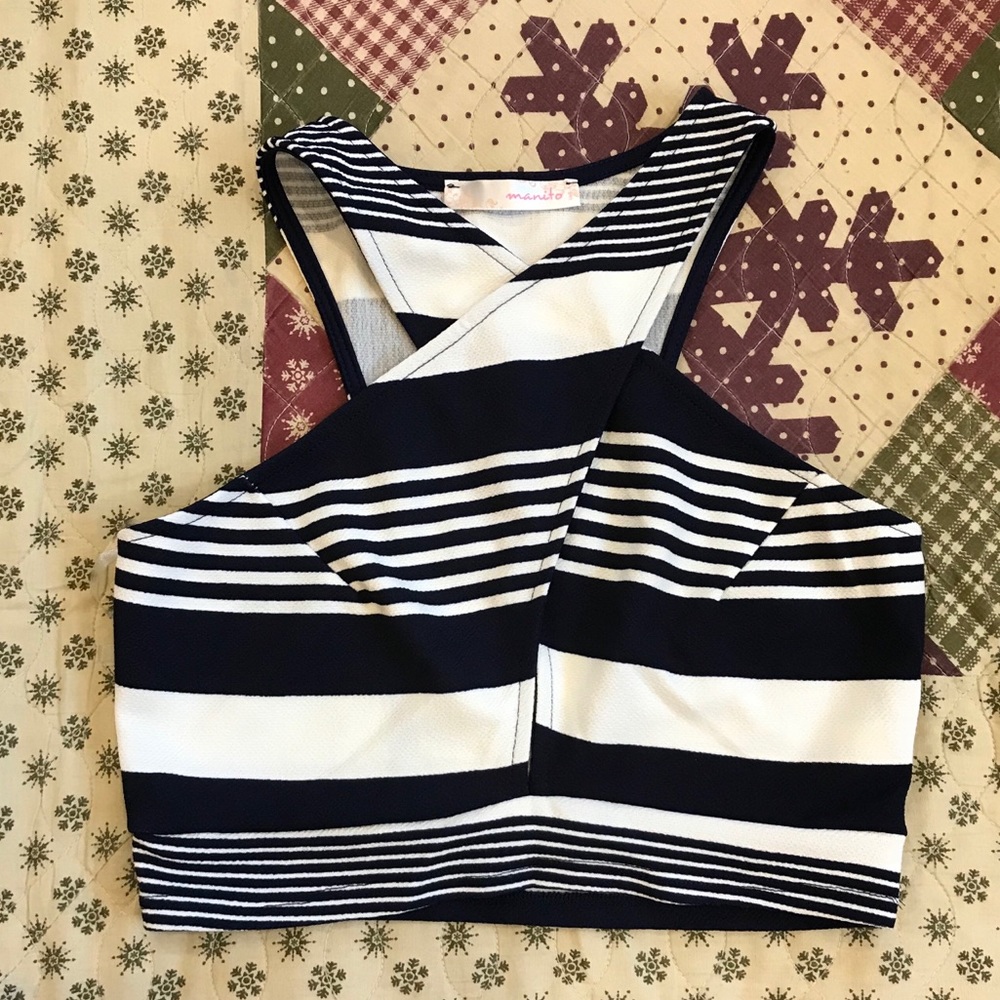 NAVY BLUE and WHITE CROP TOP and SKIRT SET - Picture 3 of 4
